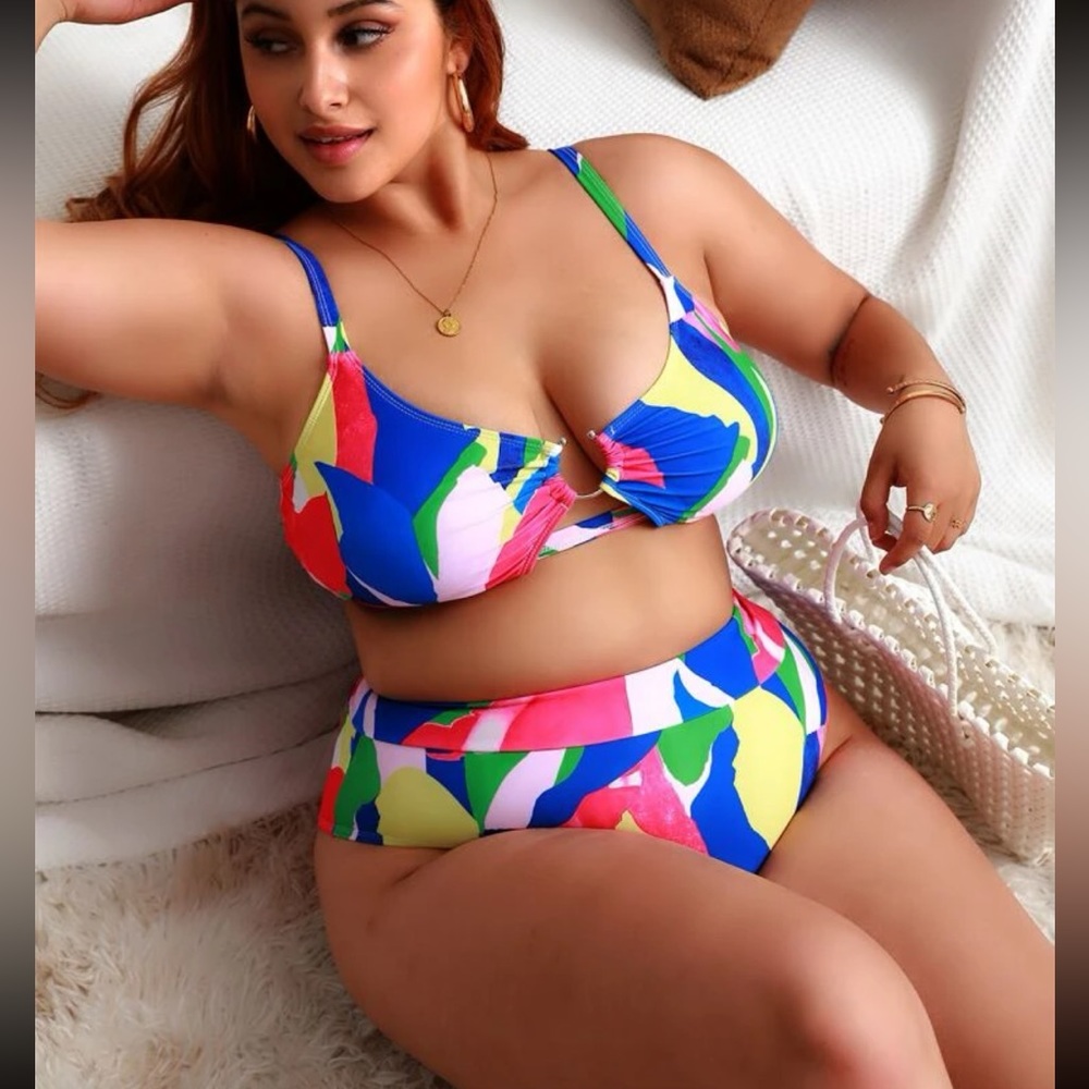 Color Block Ring Linked High Waisted Bikini Swimsuit